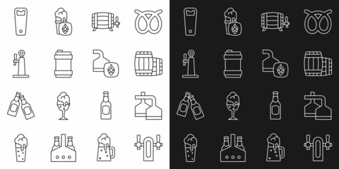 Set line Beer tap, brewing process, Wooden barrel, Metal beer keg, Bottle opener and icon. Vector