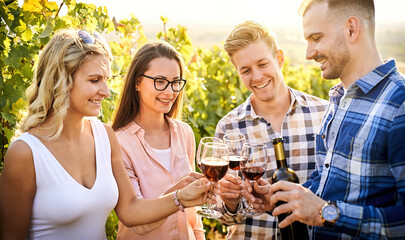 Young friends having fun outdoors - Happy people enjoying harvest time together at farmhouse winery countryside - Tasting red wine at vineyard - Focus on the girl's face with glasses