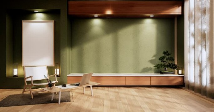 Cabinet wooden display design on Green room japanese minimalist living roon unterior, 3D rendering