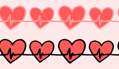 a set of heart lines with a red pulse. hand-drawn in the style of doodles, a set of horizontal seamless strip of isolated red heart color with a heartbeat pulse pattern, for a design template.