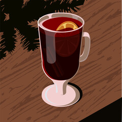 Isolated vector illustration with mulled wine, Christmas tree. Hot punch, winter and new year. Winter hot drink in glass.