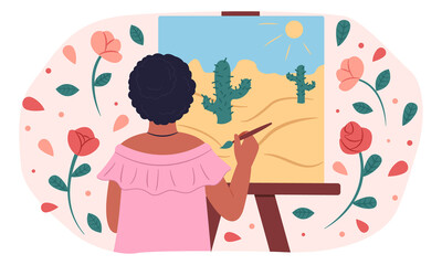 The girl paints a picture. Spends free time. Relaxation. Caring for the emotional state. Vector illustration, 