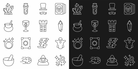 Set line Old magic key, Ghost, Magic stone, Magician, Medieval goblet, Witch cauldron, and Castle tower icon. Vector