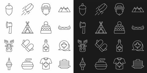 Set line Stack of pancakes, Canadian maple leaf, Kayak, Hockey helmet, Indian teepee or wigwam, Wooden axe, Acorn and Beanie hat icon. Vector