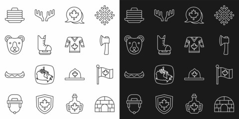 Set line Igloo ice house, Flag of Canada, Wooden axe, Canadian maple leaf, Skates, Bear head, Stack pancakes and Hockey jersey icon. Vector