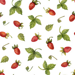 Watercolor seamless pattern, berries and strawberry leaves.