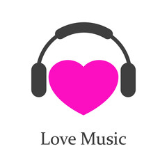 Logotipo con texto Love Music con corazón con audifonos para su uso en invitaciones y tarjetas de felicitación en color rosa y gris