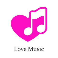Logotipo lineal con texto Love Music con nota musical en corazón para su uso en invitaciones y tarjetas de felicitación en color rosa