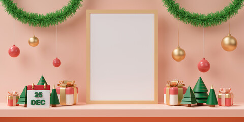 3d rendering blank frame on shelf with Christmas decoration and gift boxes on light pink background.