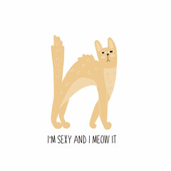 Cute proud cat with a straight tail. Doodle style.