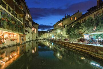 Beautiful  canal of Annecy city at night, France.