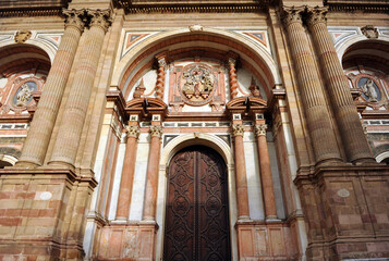 Holy Cathedral Church of the Incarnation. Malaga Cathedral in Andalusia Spain. Main door of the cathedral of Malaga