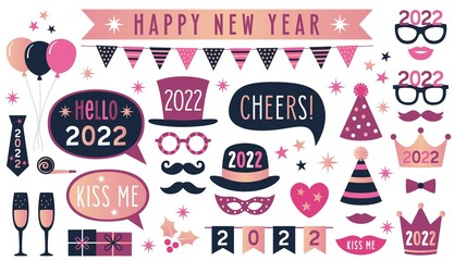 New Years eve party 2022, vector photo booth props - obrazy, fototapety, plakaty