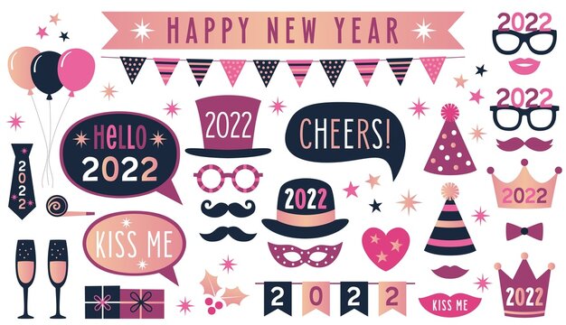 New Years eve party 2022, vector photo booth props