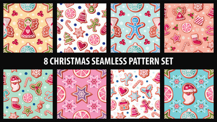 Christmas seamless pattern set. Gingerbread cookies. Cozy cartoon print for wrapping paper, banners, pajamas. Vector