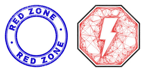 Wire frame irregular mesh stop electricity octagon icon, and Red Zone rubber round seal imitation. Abstract lines form stop electricity octagon picture. Blue seal has Red Zone text inside round shape.