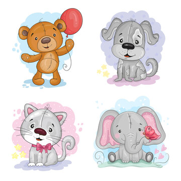 Cute Cartoon Teddy Bear with balloon, Elephant with butterfly, Cute Cartoon cat and dog. Good for greeting cards, invitations, decoration, Print for Baby Shower, etc.