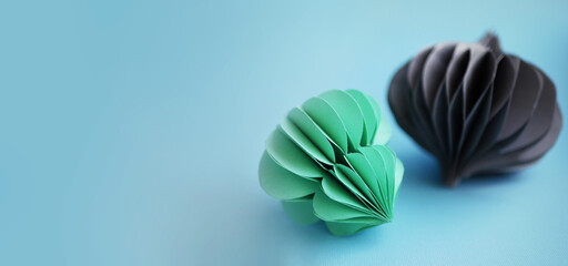 Paper honeycomb Christmas ornaments banner. Plastic free toys. Handmade eco friendly decoration. Minimal Scandinavian style. Copy space