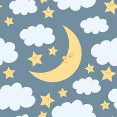Seamless pattern with cute sleeping moon, stars and clouds. Nursery vector illustration for kid. It can be used for wallpapers, wrapping, cards, patterns for clothes and other.