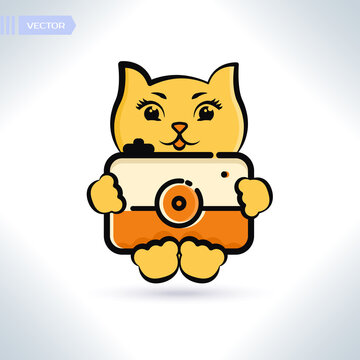 Cartoon cute cat and camera vector. Kindergarten sticker.