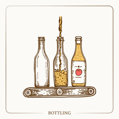 Pouring the drink into bottles. Production conveyor. Equipment for the production of cider. Vintage sketch garden background. Hand drawn design. Vector illustration. 