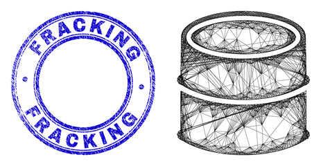 Net irregular mesh oil barrel icon with Fracking Warning rubber round stamp. Abstract lines form oil barrel object. Blue stamp seal contains Fracking Warning tag inside circle form.