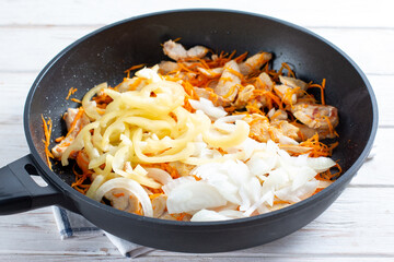 Meat, carrots and onions in a pan. Preparation Japanese dish buckwheat noodles with vegetables and meat. Step by step