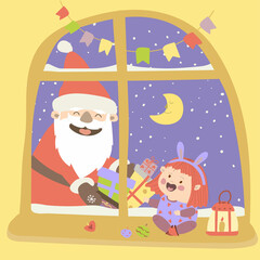 Jolly Ded Moroz carries New Year presents in his hands. A little girl sits by the window and waits for Santa Claus. Vector illustration in cartoon style. Hand drawing. For print, web design.