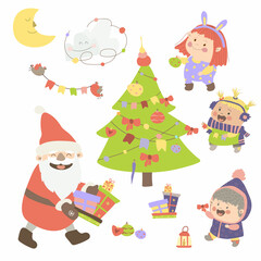 Obraz na płótnie Canvas New Year's Elements set on a white background. Santa Claus carries presents. Cheerful girls and the snowman decorate the Christmas tree. Vector illustration in cartoon style. Hand drawing. 