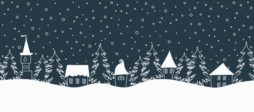 Winter background. Seamless border. There are white houses and fir trees on a dark blue background. Winter village. Vector illustration