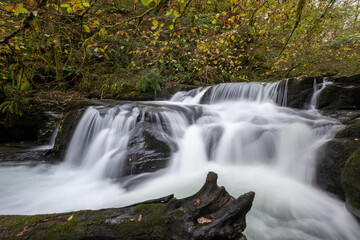 Fototapeta premium Long exposure of a waterfall flowing through the woods at Watersmeet in Exmoor National Park