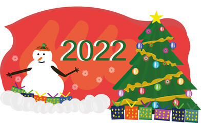 Happy new year 2022 vector concept with pine tree and snowman. Noel card design for new hopes and excitement with 2022.