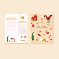 Recipe card with Christmas illustration - sweets, Grinch tree and gift boxes. Vector stock illustration isolated on background for template design cook book. You can print file - USA letter. 