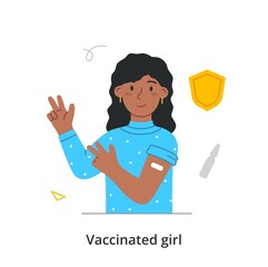 Vaccinated person concept. Smiling woman with patch on her shoulder in injection area. Female character protects herself from viral infections. Prevention of diseases. Cartoon flat vector illustration