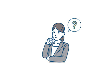 考え込む　考える　会社員　ビジネスウーマン　スーツ姿の女性　思考　疑問　腕を組む　？