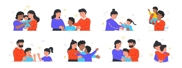 Scene of kid adoption. Multinational foster families love and take care of adopted children. Happy couples with adopted son or daughter. Cartoon flat vector collection isolated on white background