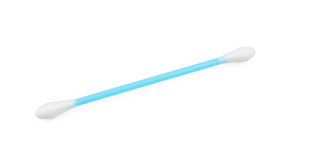 One blue ear swab isolated on white background.Clean plastic stick