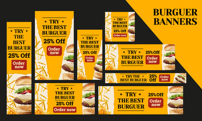 Burguer & Hot Dog Restaurant Fast Food Web banners,  Google Ads, instagram & facebook Post Stories