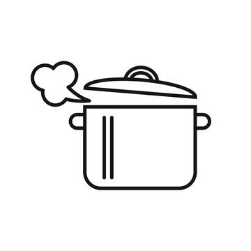 Steaming pot linear icon. Thin line illustration. Boiling saucepan contour symbol. Casserole. Vector isolated outline drawing.