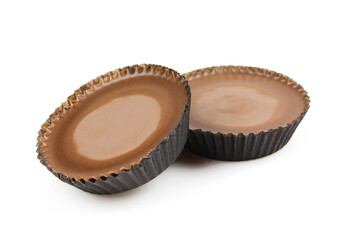 Two short cupcake looking chocolate desserts isolated on white background
