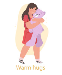 Warm hugs with kid. Little smiling girl in red dress embracing her favorite teddy bear. Child with soft toy. Manifestation of tenderness. Happy female Character. Cartoon flat vector illustration