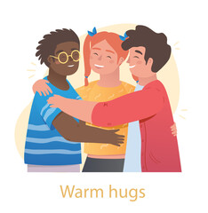 Warm hugs between kids. Little happy children embracing and laugh. Smiling friends love each other. Manifestation of care and tenderness. Funny boys and girl. Cartoon modern flat vector illustration