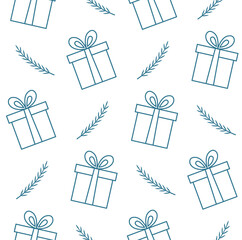 New year and Christmas seamless pattern. Gift boxes and sprigs christmas trees in doodle style on white background. Vector illustration in hand drawn sketch style.