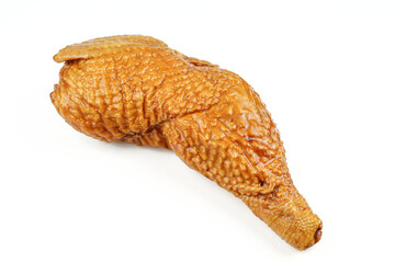 Cooked and smoked chicken leg. Chicken bird thigh isolated on white background