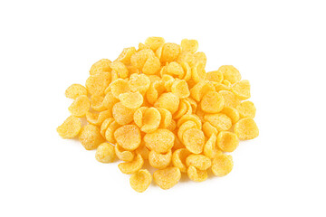 Pile of crispy corn puffs. Small salty flakes isolated on white background