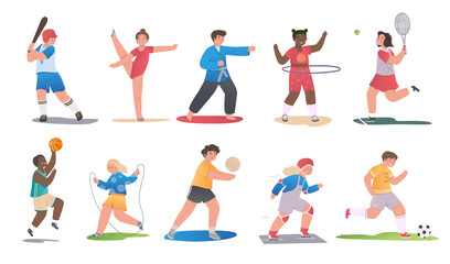 Fototapeta premium Happy children playing sport game concept. Set of smiling boys and girls performing sports exercises. Physical activity for children. Cartoon flat vector collection isolated on white background