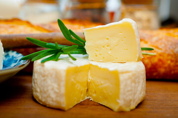 French cheese and fresh  baguette on a wood cutter