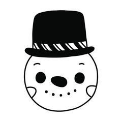 Vector cartoon snowman illustration. Black and white colors. Hand drawn doodle snowman in black bowler hat.