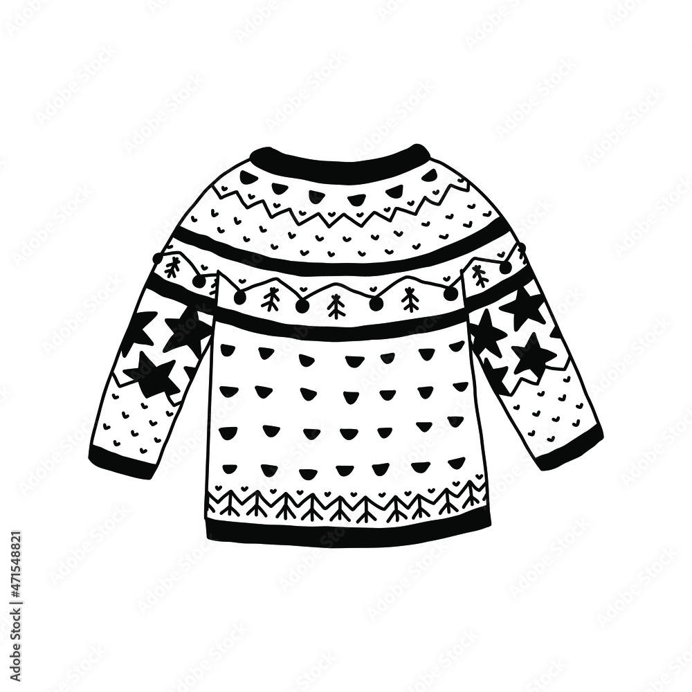 Wall mural Vector knitted sweater isolated on white background. Doodle ugly sweater.