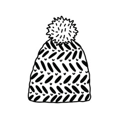 Vector warm knitted hat isolated on white background. Doodle hat with pompon.